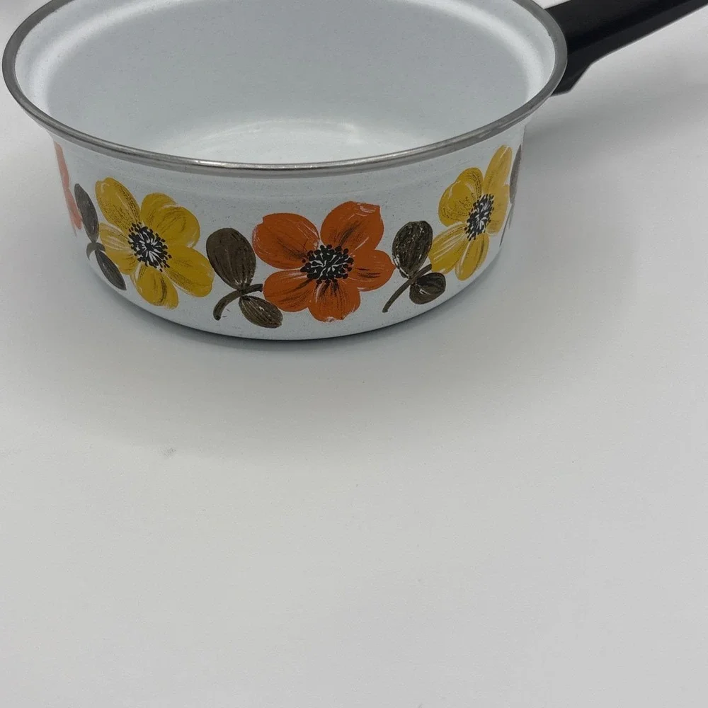Vtg Austria Email Primavera Enamelware Saucepan Mod 70s Orange Floral Flower Pan